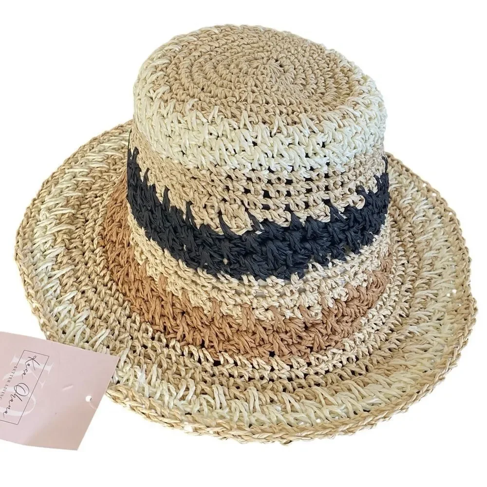 Crochet Stripe Beige Black Ivory Bucket Hat NWT